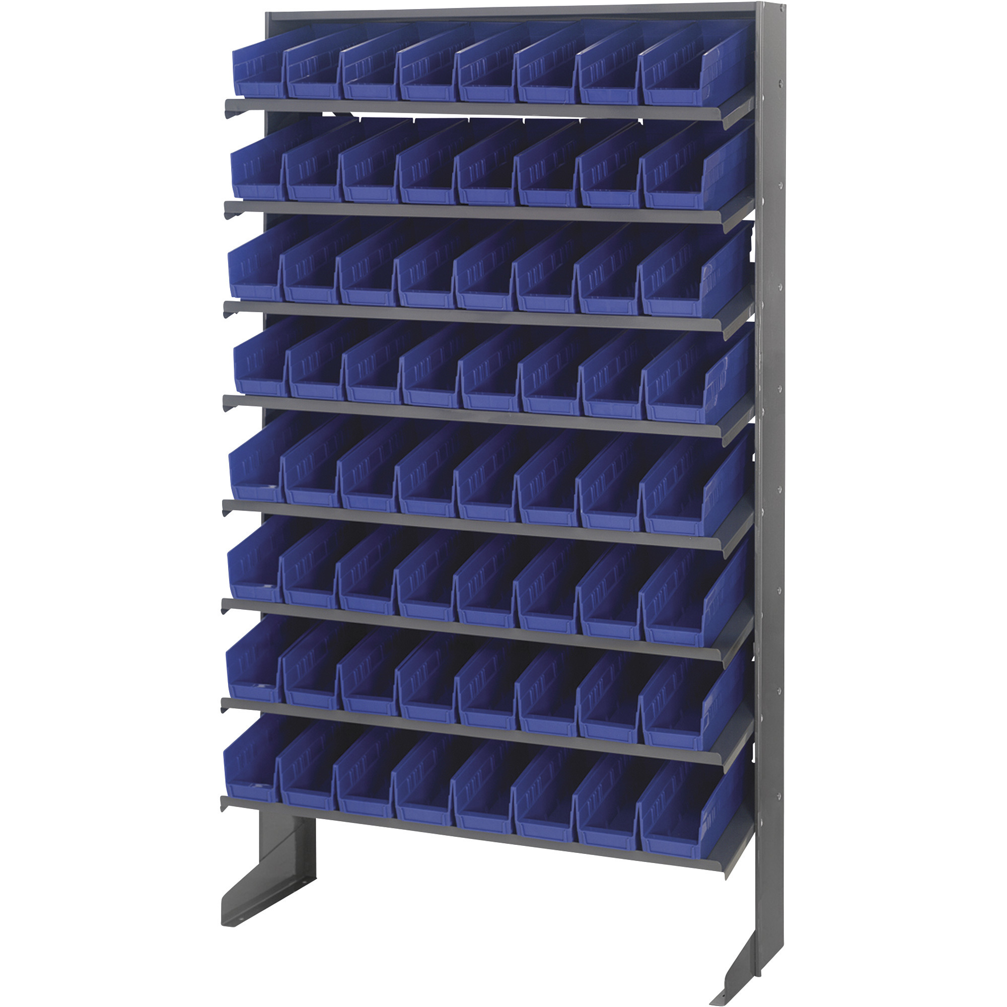 Quantum Storage Single Side Sloped Storage Shelves With 64 Bins, 12in.D x 36in.W x 60in.H Rack Size, Blue, Model# QPRS-101BL